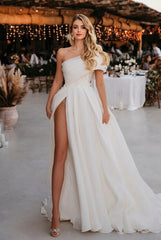 Long A-Line One Shoulder Chiffon Simple Wedding Dresses with Slit