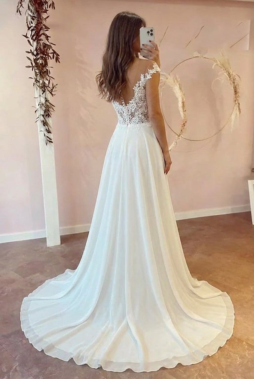Long A-Line Sweetheart Cap Sleeve Lace Chiffon Wedding Dress with Slit