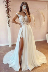Long A-Line Sweetheart Cap Sleeve Lace Chiffon Wedding Dress with Slit