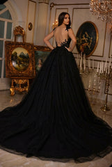 Long A-Line Sweetheart Court Train Tulle Black Wedding Dress with Slit