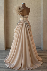Long A-Line Sweetheart One Shoulder Chiffon Prom Dresses with Flowers