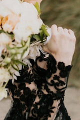 Long A-Line V Neck Court Train Lace Tulle Black Wedding Dresses with Sleeves