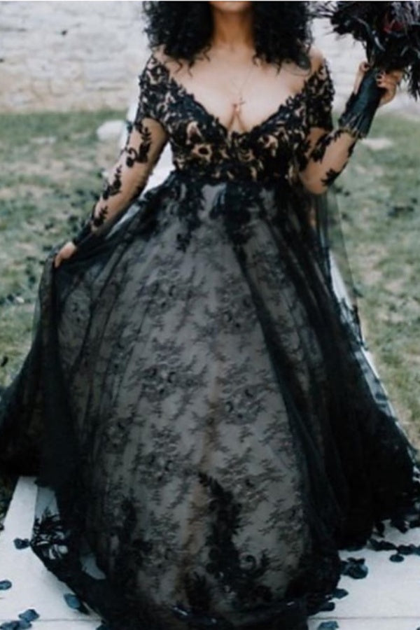 Long A-Line V Neck Court Train Lace Tulle Black Wedding Dresses with Sleeves