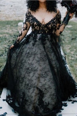 Long A-Line V Neck Court Train Lace Tulle Black Wedding Dresses with Sleeves