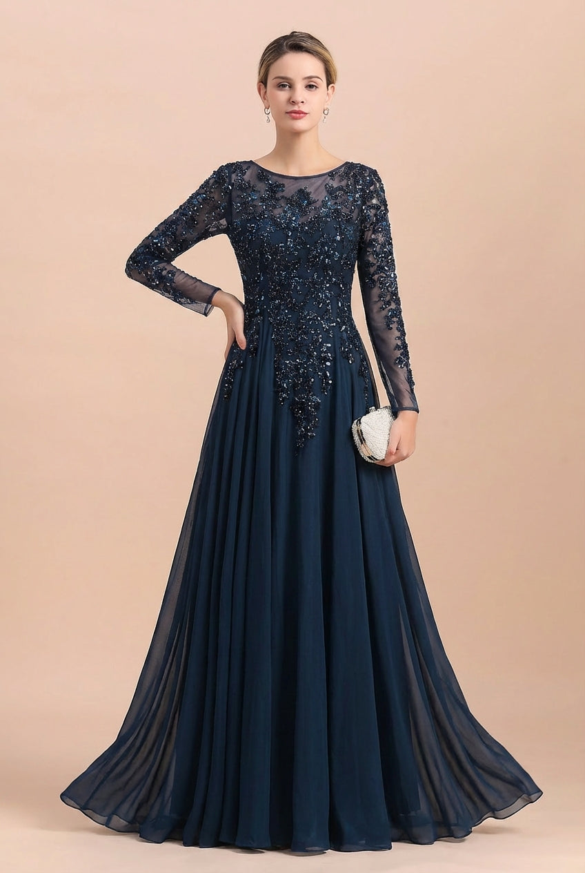 Long A-line Floor Length Tulle Lace Mother Of Bride Dresses with Sleeves