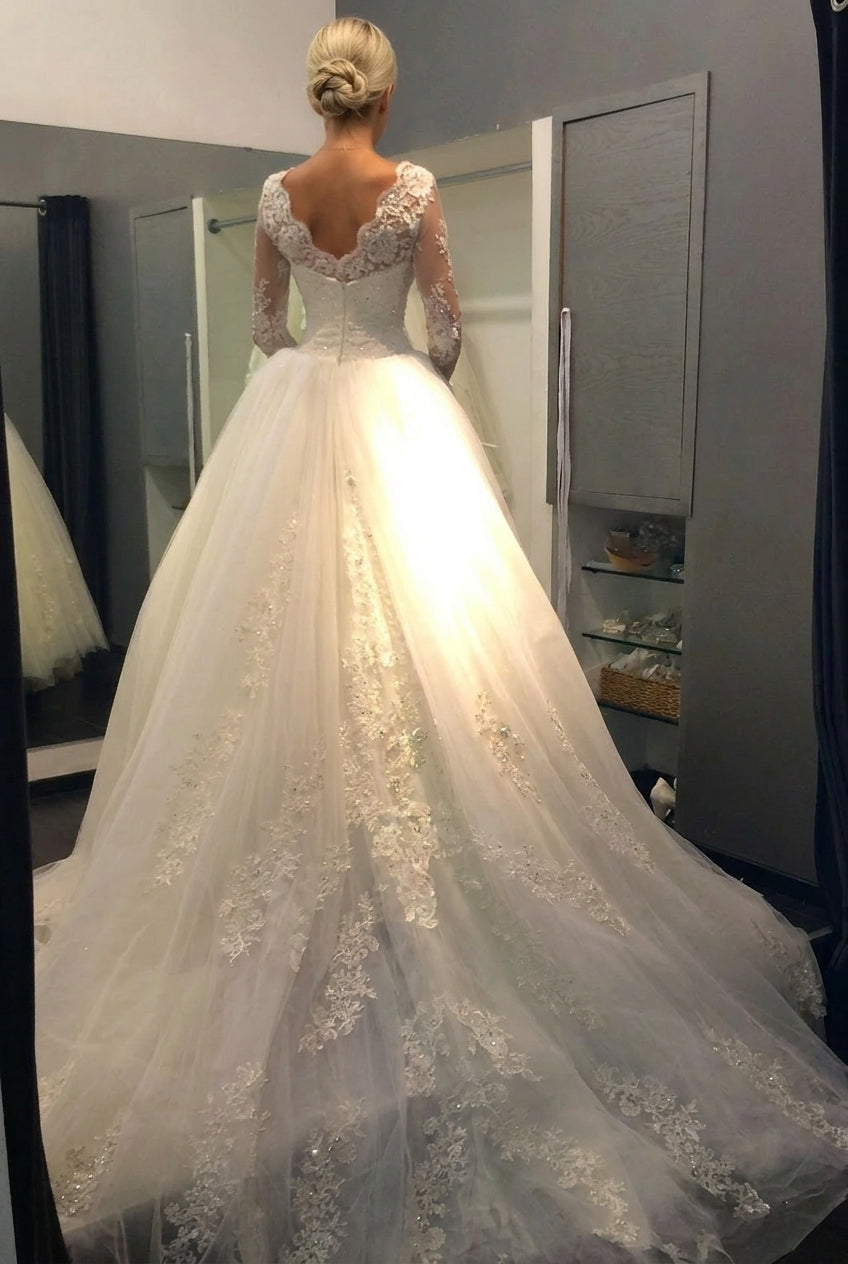 Long A-line Jewel Neck Court Train Lace Tulle Ivory Wedding Dresses with Sleeves