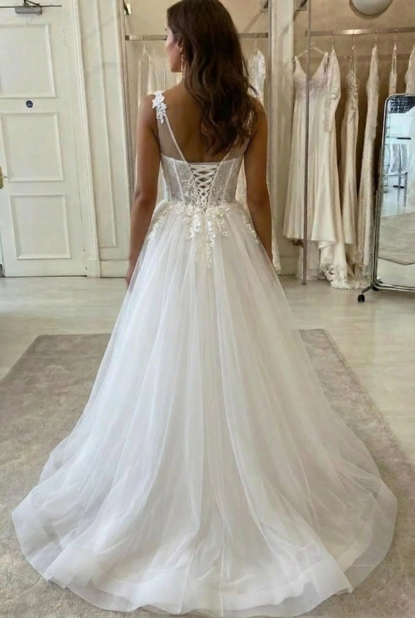 Long A-line Lace-up V-neck Appliques Tulle Wedding Dress