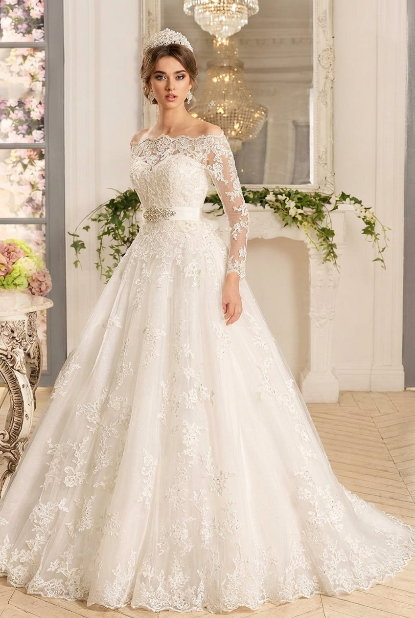 Long A-line Off the Shoulder Tulle Lace Ruffles Wedding Dresses