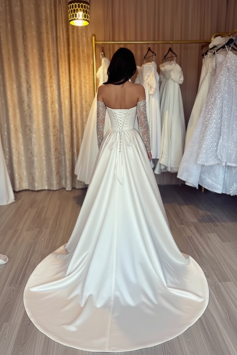 Long A-line Sweetheart Floor length Satin Lace Prom Dresses with Sleeves
