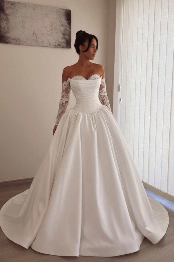 Long A-line Sweetheart Satin Lace-up Wedding Dress with Detachable Sleeves