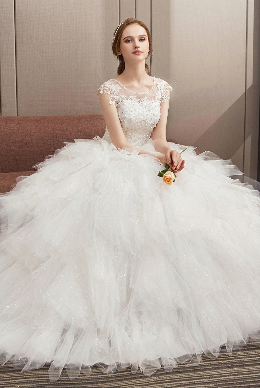 Long A-line Tulle Appliques Lace Up Wedding Dress