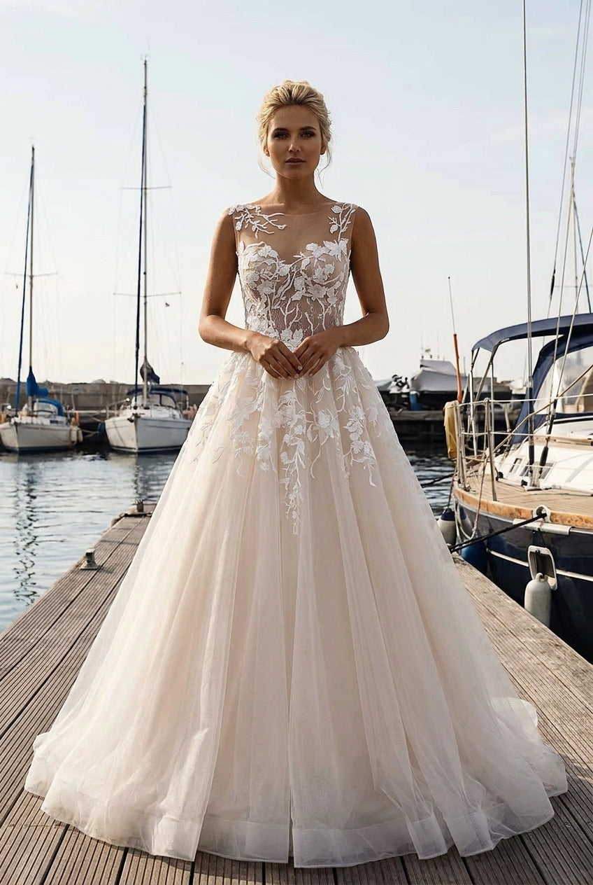 Long A-line V Neck Court Train Tulle Spaghetti Strap Backless Wedding Dresses