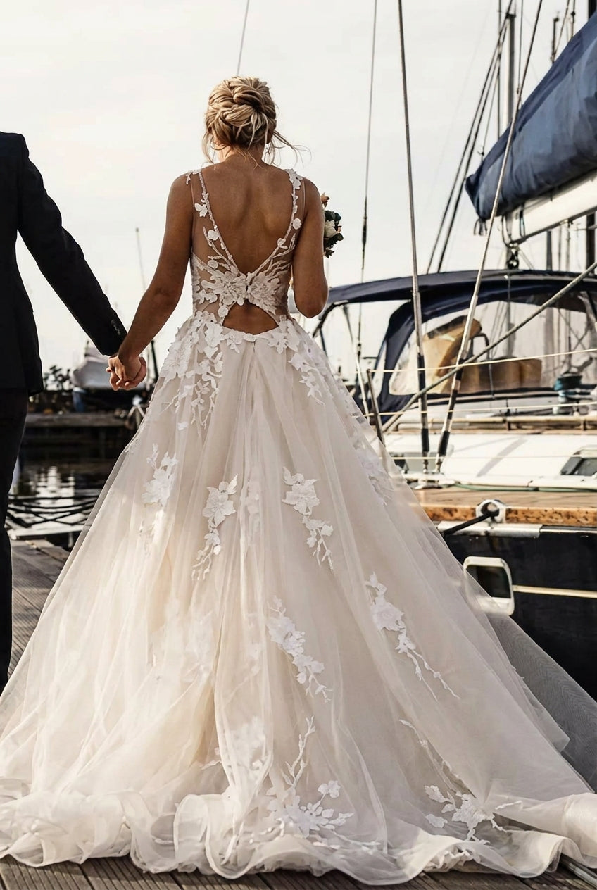 Long A-line V Neck Court Train Tulle Spaghetti Strap Backless Wedding Dresses