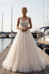 Long A-line V Neck Court Train Tulle Spaghetti Strap Backless Wedding Dresses
