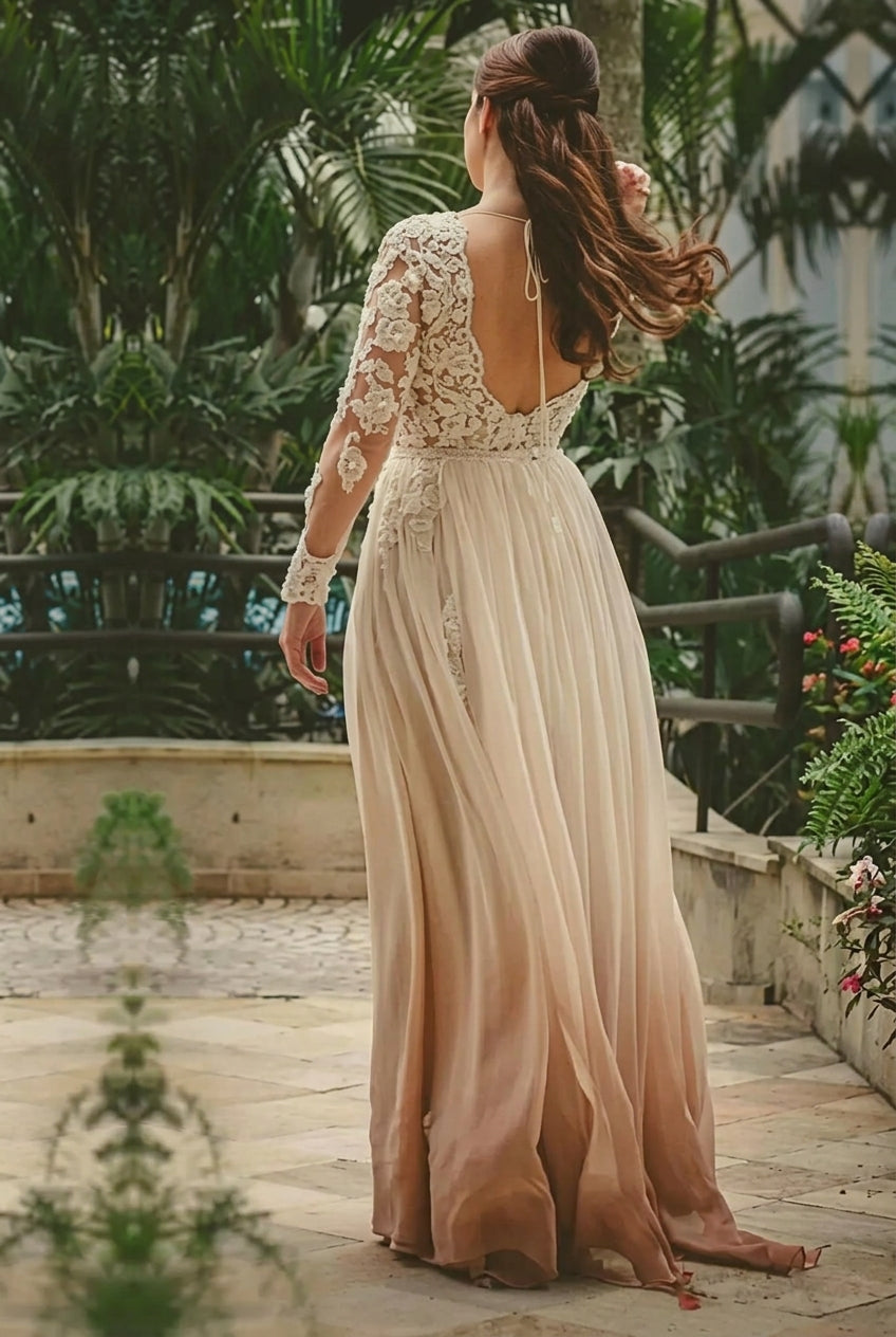 Long A-line V-neck Chiffon Lace Backless Wedding Dresses with Sleeves