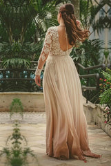 Long A-line V-neck Chiffon Lace Backless Wedding Dresses with Sleeves