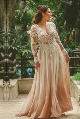 Long A-line V-neck Chiffon Lace Backless Wedding Dresses with Sleeves