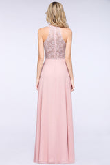 Long A-line V-neck Chiffon Lace Sleeveless Bridesmaid Dress