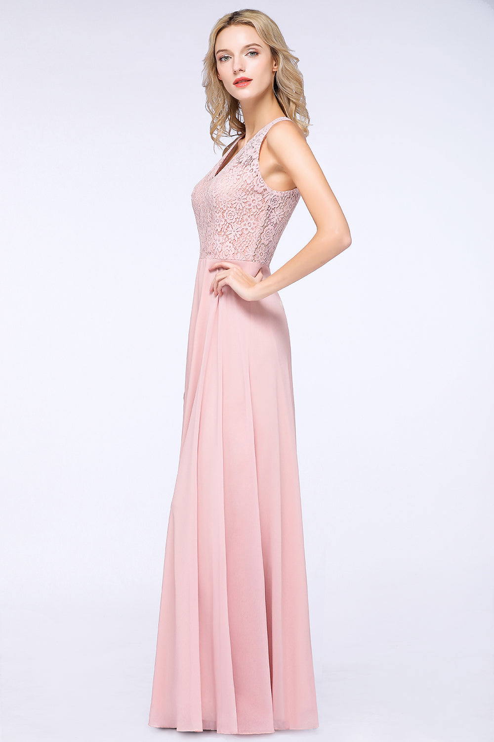 Long A-line V-neck Chiffon Lace Sleeveless Bridesmaid Dress