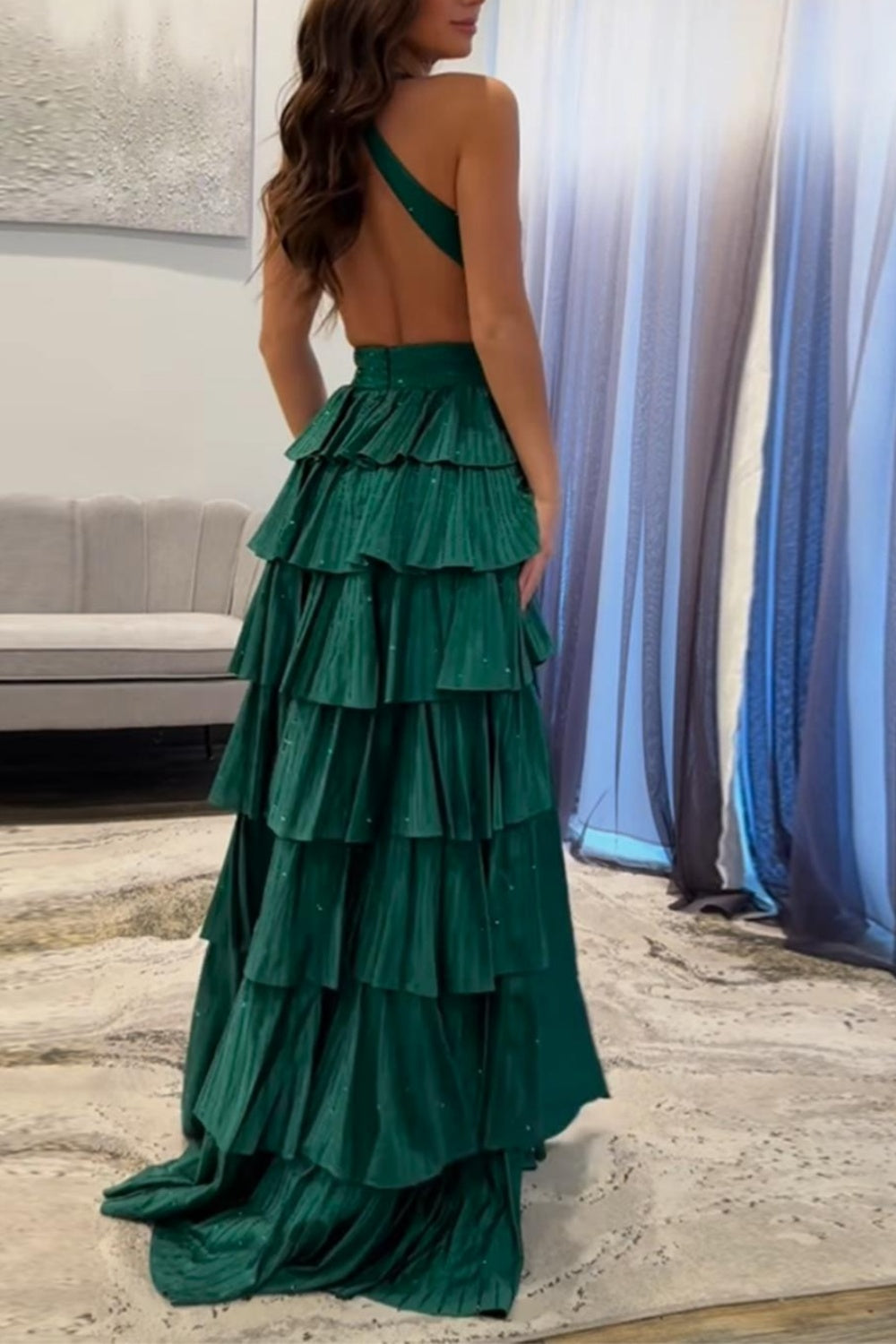Dark Green Long A-line V-neck Open Back Prom Dress