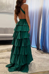 Dark Green Long A-line V-neck Open Back Prom Dress