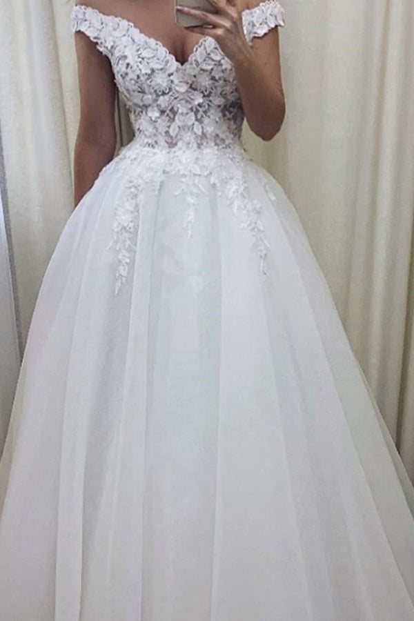 Long A-line V-neck Off the Shoulder Tulle Lace White Wedding Dresses