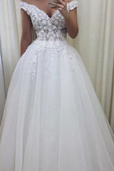 Long A-line V-neck Off the Shoulder Tulle Lace White Wedding Dresses