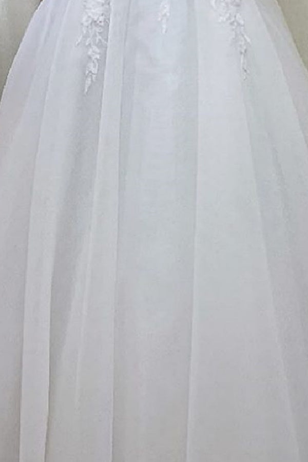 Long A-line V-neck Off the Shoulder Tulle Lace White Wedding Dresses
