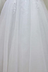 Long A-line V-neck Off the Shoulder Tulle Lace White Wedding Dresses