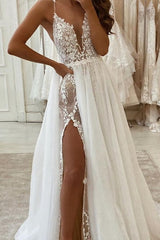 Long A-line V-neck Spaghetti Strap Tulle Chiffon Wedding Dresses with Slit