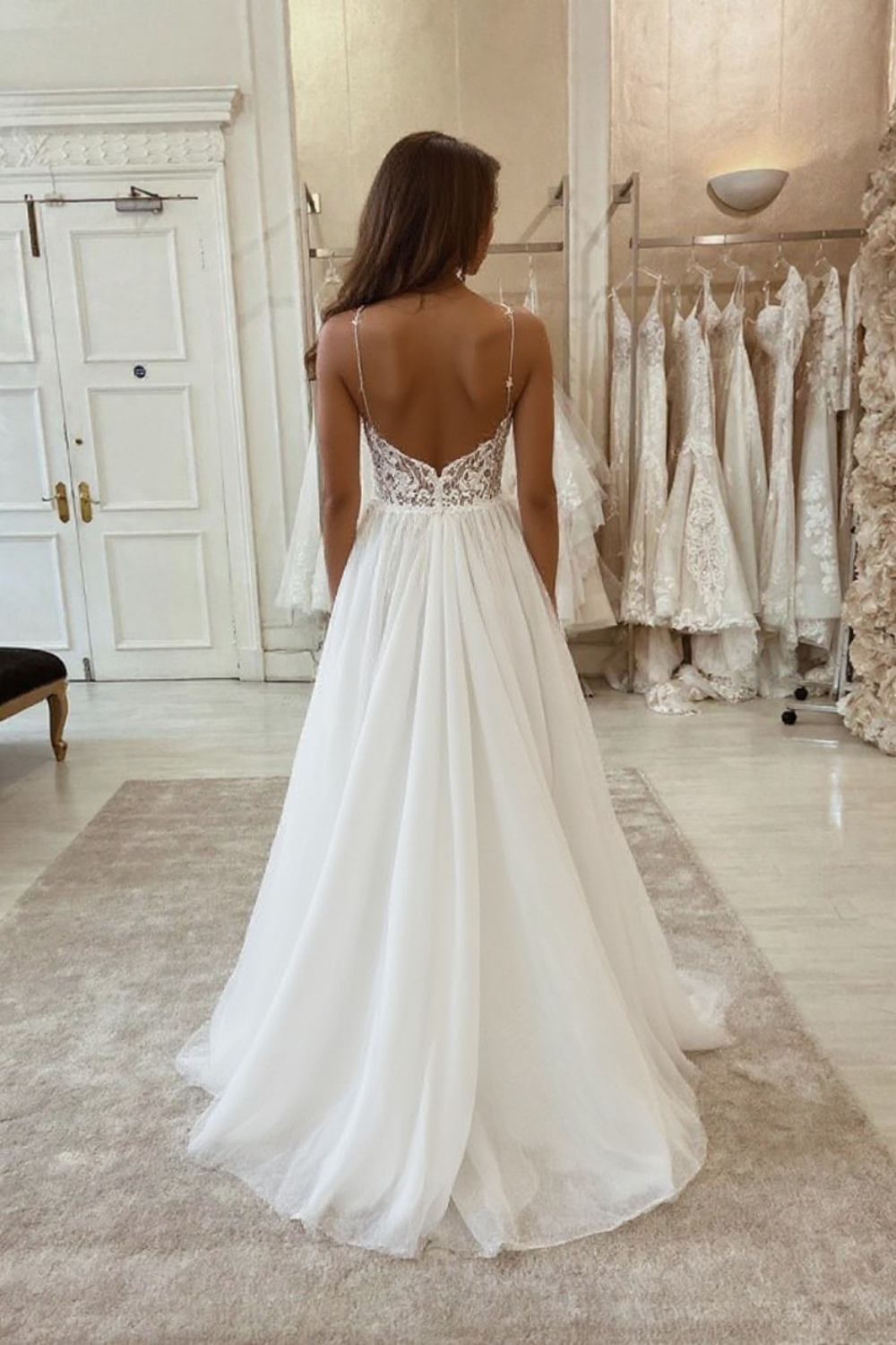 Long A-line V-neck Spaghetti Strap Tulle Chiffon Wedding Dresses with Slit