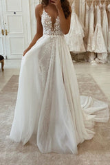 Long A-line V-neck Spaghetti Strap Tulle Chiffon Wedding Dresses with Slit