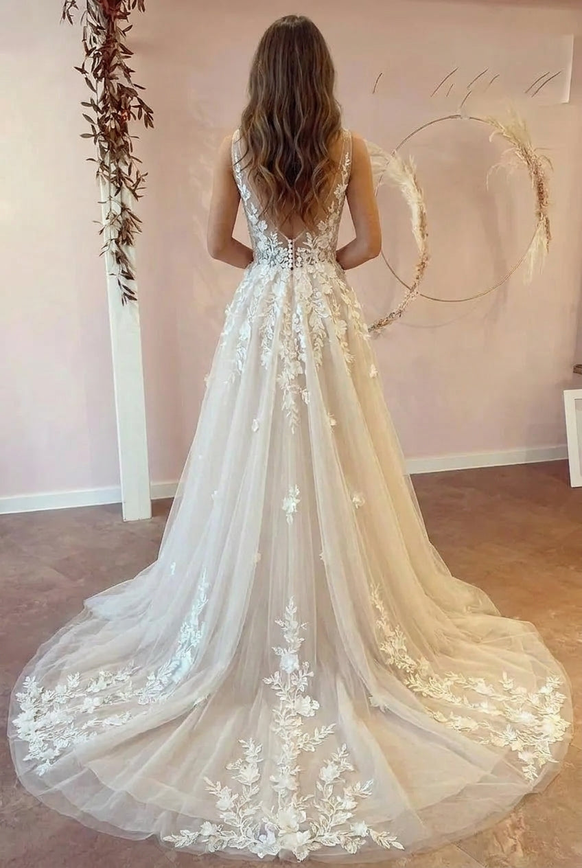 Long A-line V-neck Tulle Lace Floor Length Wedding Dresses