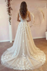 Long A-line V-neck Tulle Lace Floor Length Wedding Dresses