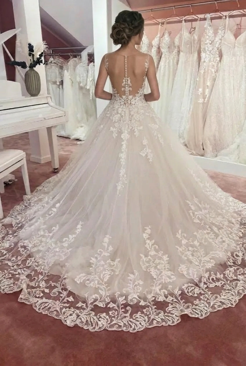 Long Appliques Lace A-Line Sweetheart Tulle Floor Length Wedding Dress