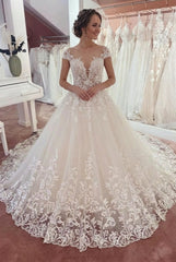 Long Appliques Lace A-Line Sweetheart Tulle Floor Length Wedding Dress