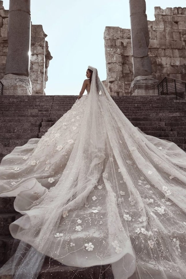 Long Ball Gown Beading Floral Lace Tulle Wedding Dresses with Sleeves