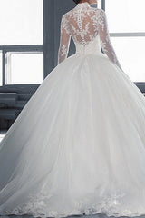 Long Ball Gown High Neck Court Train Tulle Wedding Dresses with Sleeves