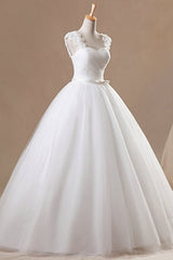 Long Ball Gown Jewel Neck Floor Length Chiffon Tulle Sleeveless Wedding Dresses