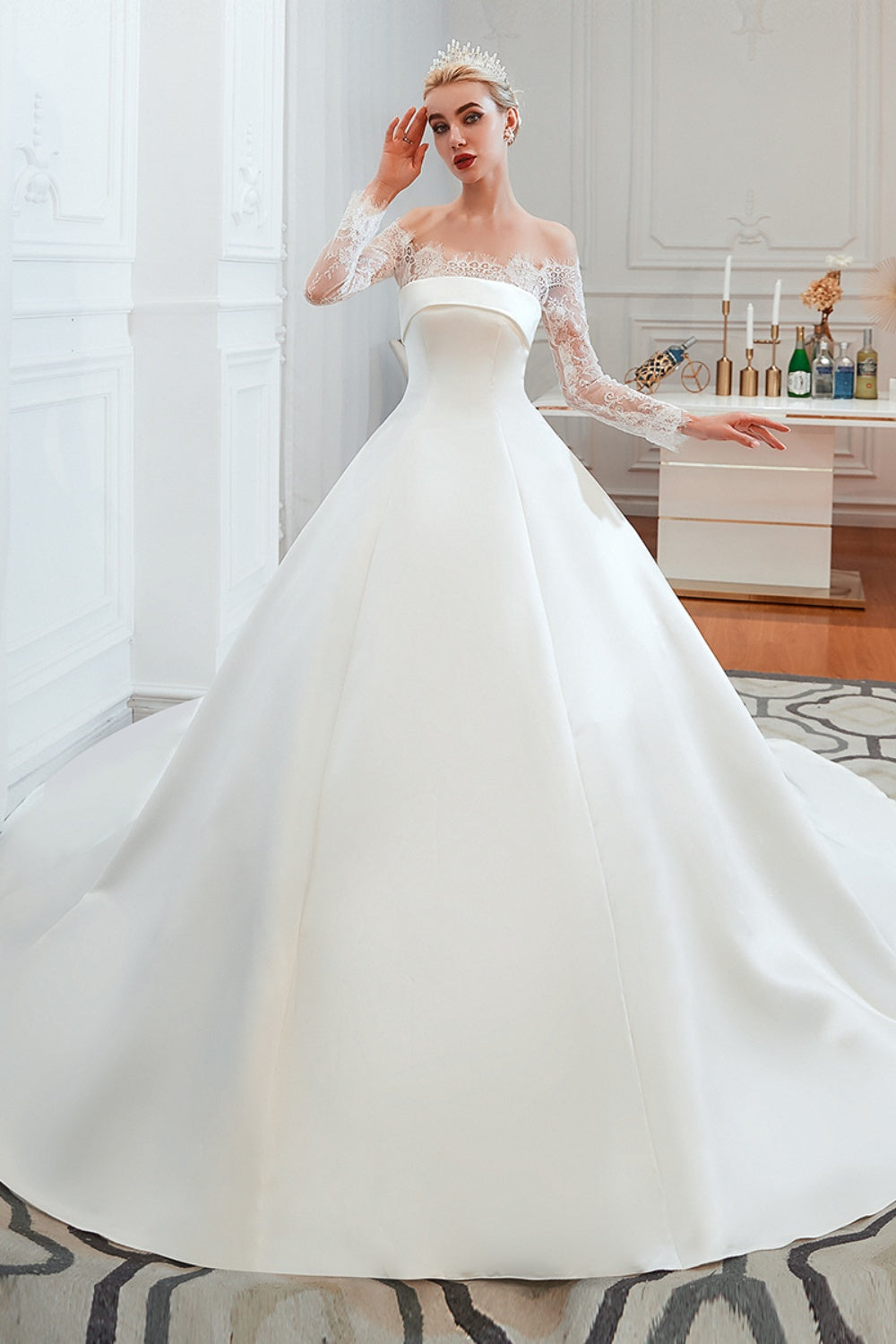 Long Ball Gown Off The Shoulder Lace Satin Wedding Dress with Sleeves