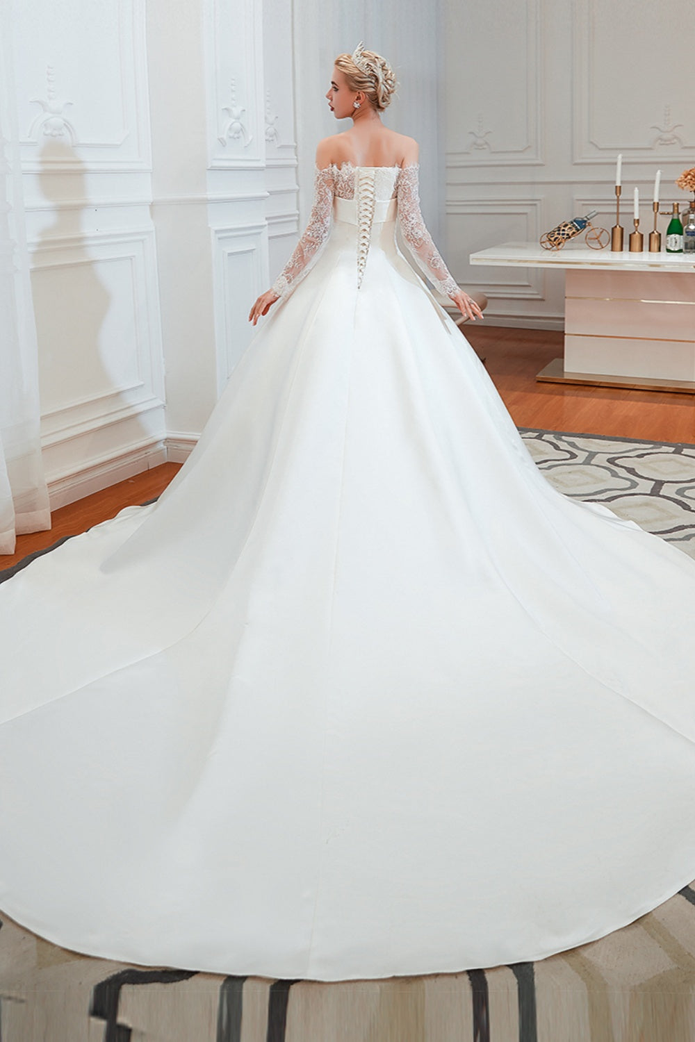 Long Ball Gown Off The Shoulder Lace Satin Wedding Dress with Sleeves