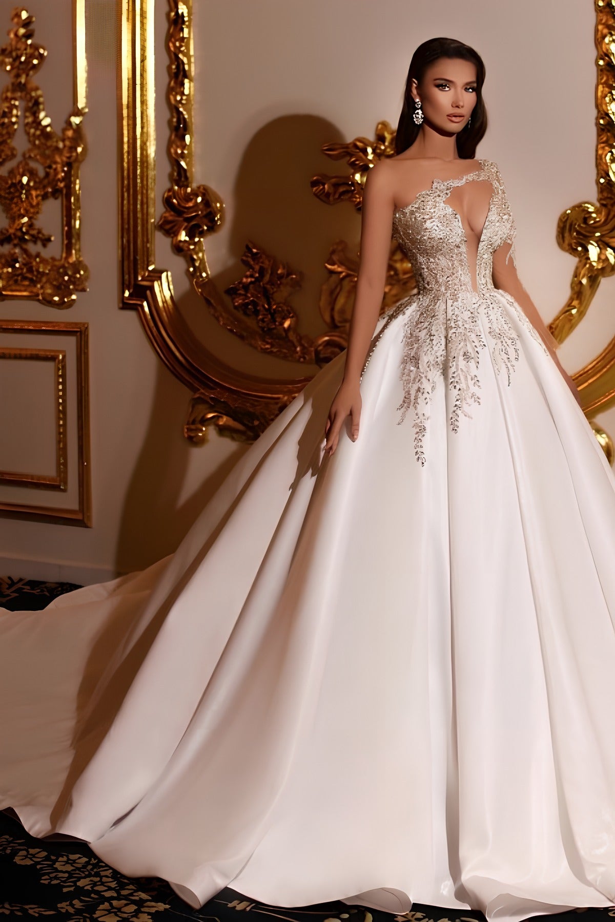 Long Ball Gown One Shoulder Satin Beading Wedding Dresses with Sleeves