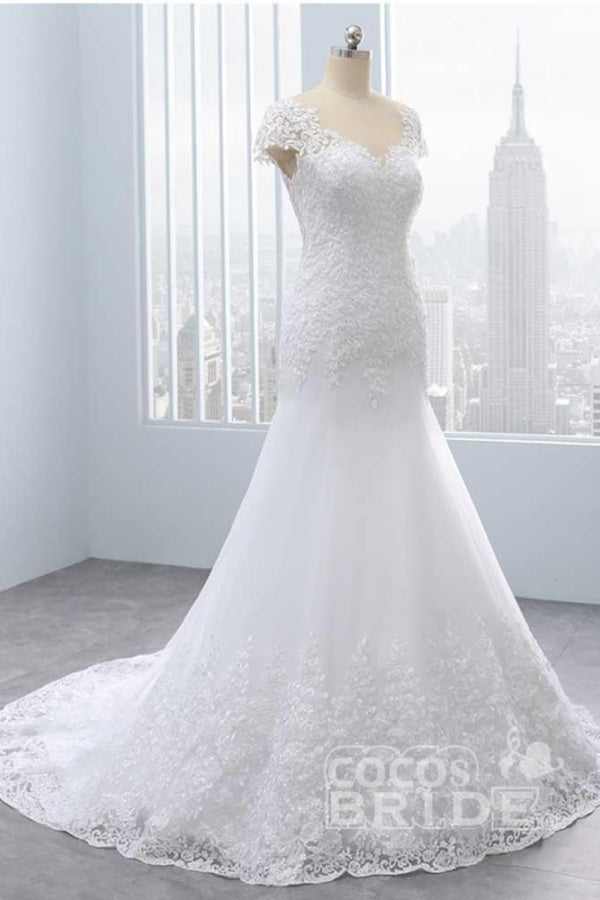 Long Cap Sleeves Lace Mermaid Tulle Wedding Dresses