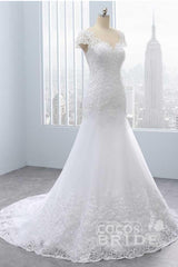 Long Cap Sleeves Lace Mermaid Tulle Wedding Dresses