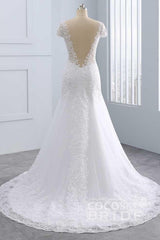 Long Cap Sleeves Lace Mermaid Tulle Wedding Dresses