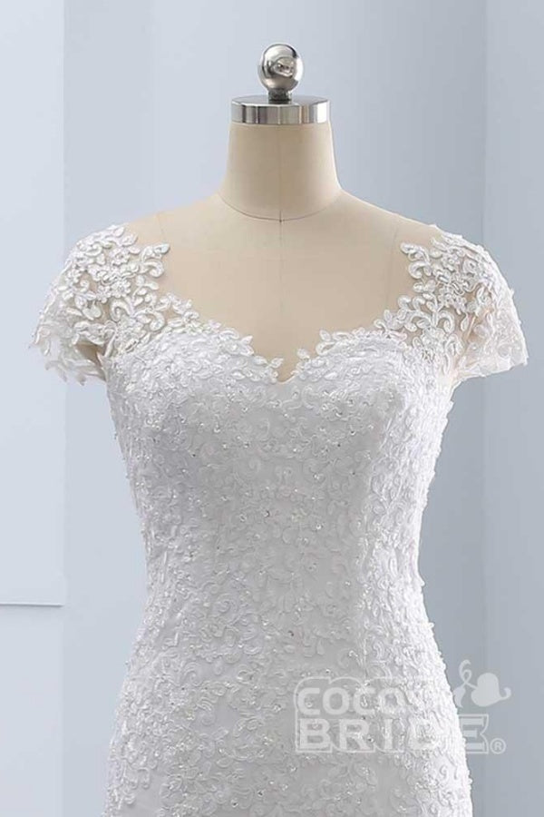 Long Cap Sleeves Lace Mermaid Tulle Wedding Dresses