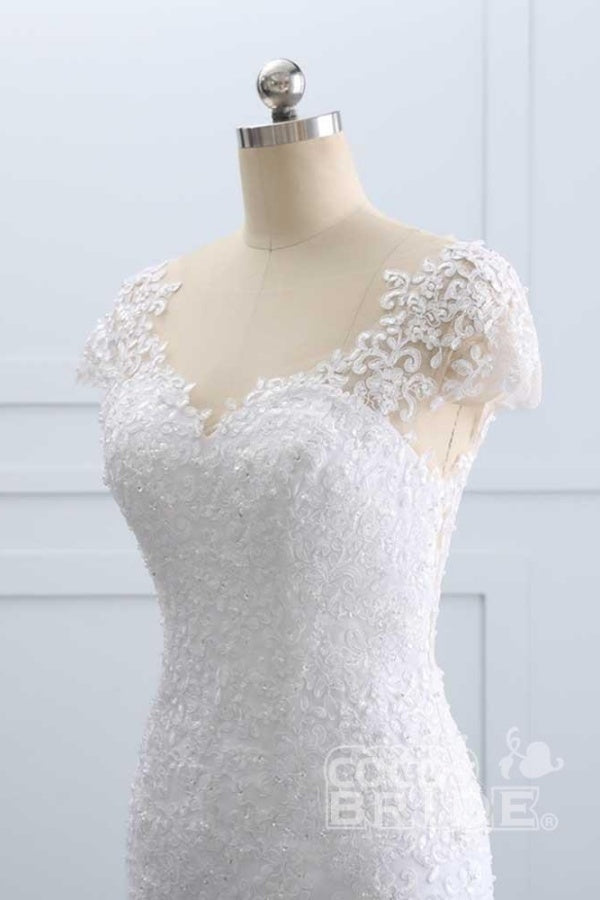 Long Cap Sleeves Lace Mermaid Tulle Wedding Dresses