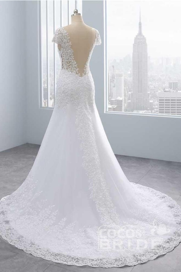 Long Cap Sleeves Lace Mermaid Tulle Wedding Dresses