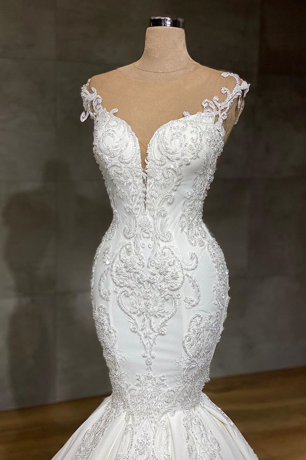 Long Lace V-neck Sleeveless Mermaid Wedding Dresses