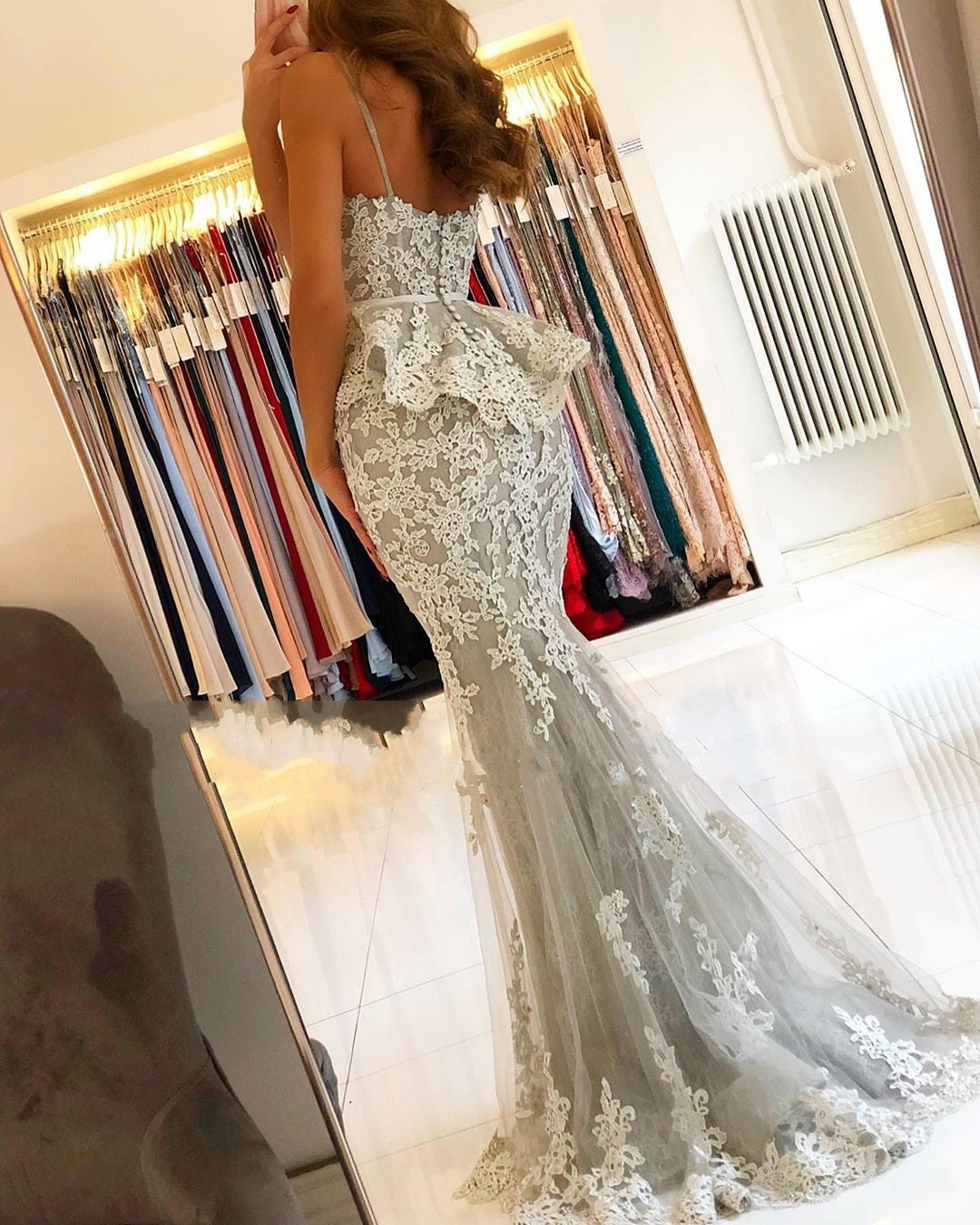 Long Mermaid Appliques Lace Sweetheart Tulle Prom Dresses